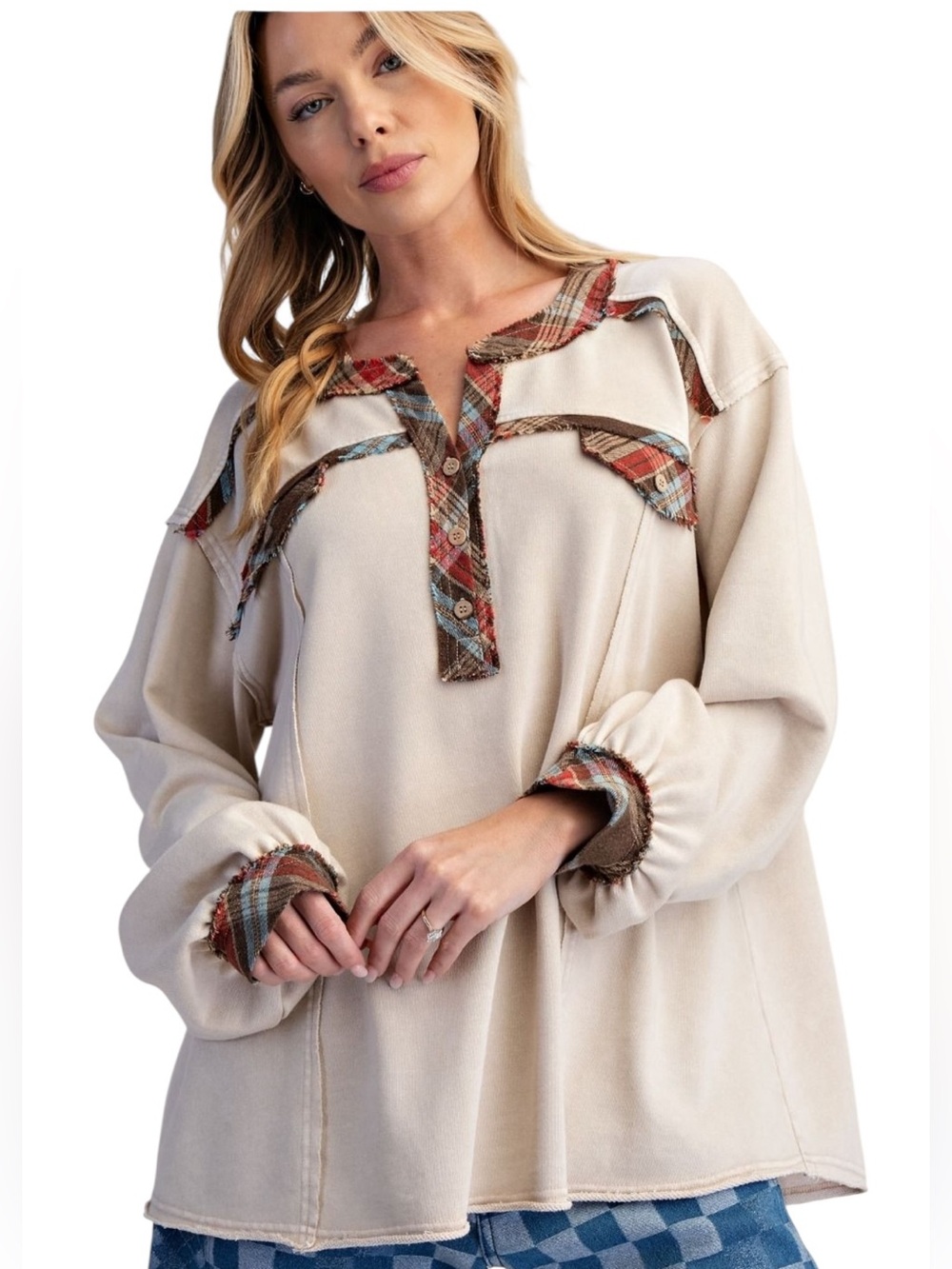 Easel Premium Mineral Wash Plaid Balloon Sleeve Top